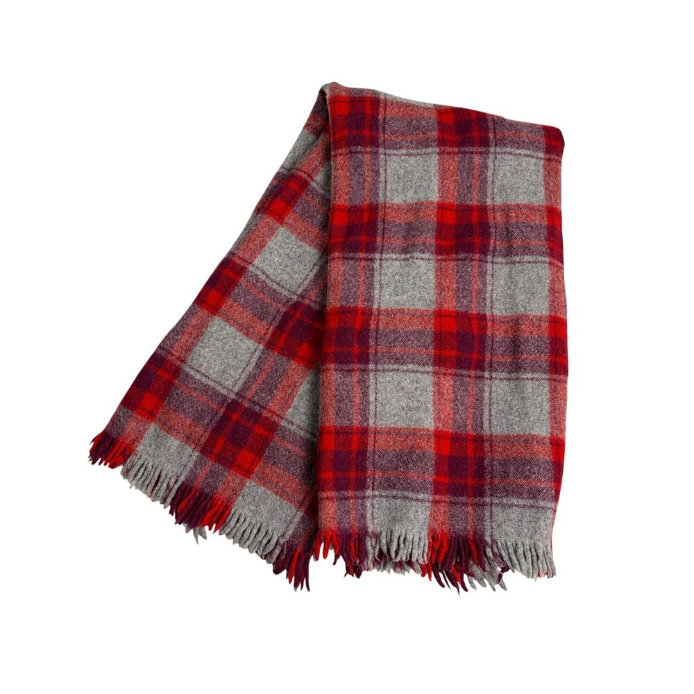 VTG gray red plaid tartan wool lap blanket. 41.5 x 46. Pendleton like. No tags